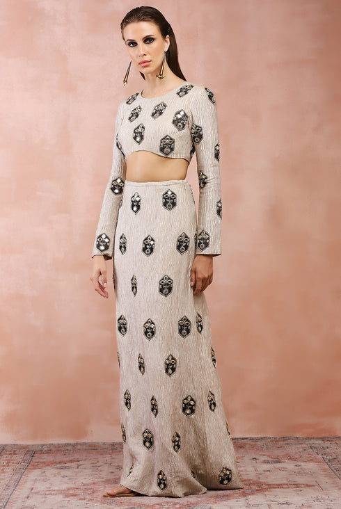 Crushed Dull Gold Embroidered Choli And Skirt With Applique And Zardosi Work
